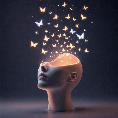 The primary subject of the image is a head with a light shining on it, creating a visual effect that resembles a butterfly or a lightbulb. The setting is a dark background, which contrasts with the bright light source. The visual style is a combination of digital art and illustration, as the light source appears to be a digital element, while the overall atmosphere is one of creativity and imagination.